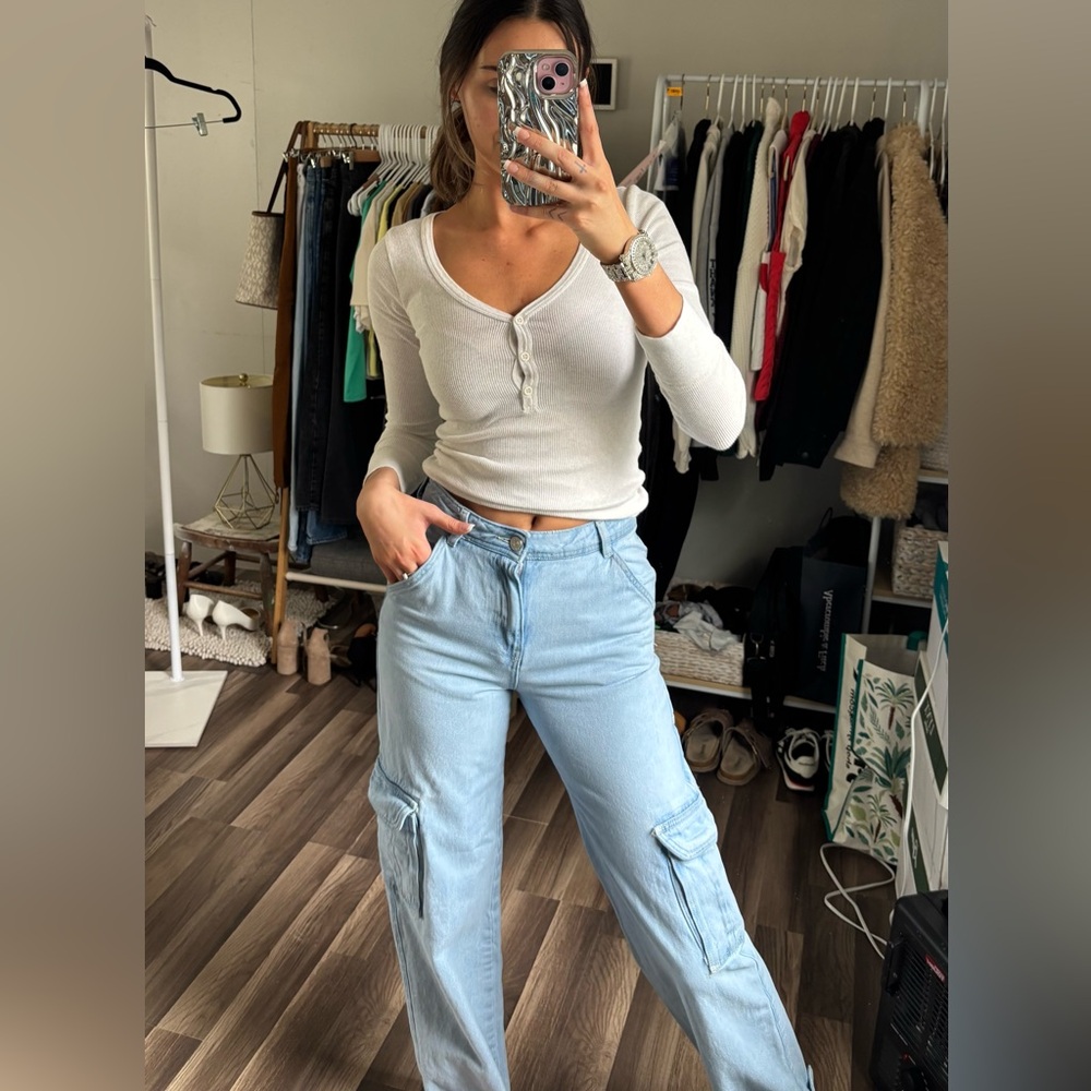 Mango Denim Light Wash Cargo Jeans - Picture 4 of 10